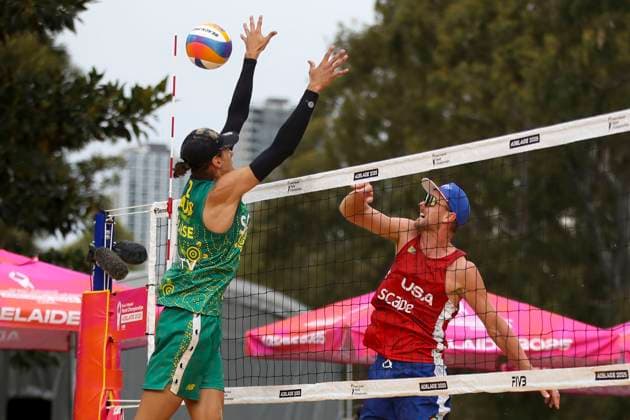 Beach volleyball, Beachvolleyball WORLD CHAMPIONSHIPS, D™Artagnan Potts and Jack Pearse of (AUS) vs Chaim Schalk and James Shaw (USA) during The Beach Volleyball World Championships at Pinky Flat in Adelaide, Friday, November 14, 2025. ( NO ARCHIVING, EDITORIAL USE ONLY ADELAIDE SOUTH AUSTRALIA AUSTRALIA  Copyright: xMATTxTURNERx 20251114194377587060