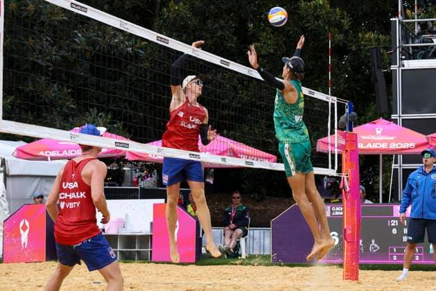 Beach volleyball, Beachvolleyball WORLD CHAMPIONSHIPS, D™Artagnan Potts and Jack Pearse of (AUS) vs Chaim Schalk and James Shaw (USA) during The Beach Volleyball World Championships at Pinky Flat in Adelaide, Friday, November 14, 2025. ( NO ARCHIVING, EDITORIAL USE ONLY ADELAIDE SOUTH AUSTRALIA AUSTRALIA  Copyright: xMATTxTURNERx 20251114155981803130