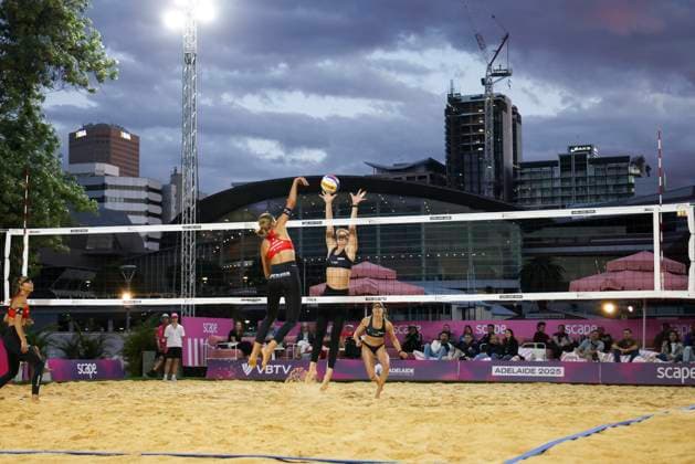 Beach volleyball, Beachvolleyball WORLD CHAMPIONSHIPS, Annique Niederhauser and Leona Kernen (SUI) vs Lea Kunst and Melanie Paul (GER) during The Beach Volleyball World Championships at Pinky Flat in Adelaide, Friday, November 14, 2025. ( NO ARCHIVING, EDITORIAL USE ONLY ADELAIDE SOUTH AUSTRALIA AUSTRALIA  Copyright: xMATTxTURNERx 20251114187488001112