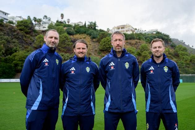 251114 Head coach Graham Potter with the assistant coaches Andreas Georgson, Björn Hamberg and Sebastian Larsson of the Swedish national football team during a training session on November 14, 2025 in Marbella Photo Joel Marklund BILDBYRAN kod JM JM0749 bbeng fotboll football soccer fotball vm kval fifa world cup qualifier träning practice training sverige sweden sverige a  Copyright: JOELxMARKLUND BB251114JM036
