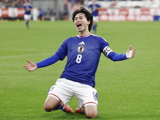 Football: Japan vs. Ghana Japan s Takumi Minamino reacts after opening the scoring in the first half of a football International Friendly, Länderspiel, Nationalmannschaft against Ghana at Toyota Stadium in Toyota, Aichi Prefecture, on Nov. 14, 2025.  A14AA0005035456P