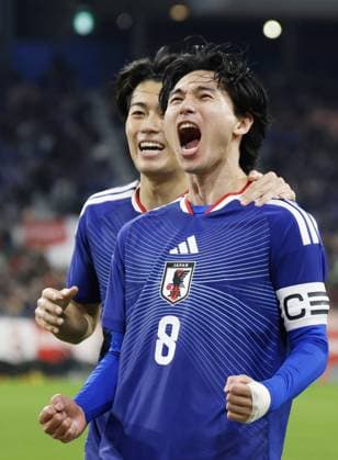 Football: Japan vs. Ghana Japan s Takumi Minamino (front) reacts after opening the scoring in the first half of a football International Friendly, Länderspiel, Nationalmannschaft against Ghana at Toyota Stadium in Toyota, Aichi Prefecture, on Nov. 14, 2025.  A14AA0005035457P