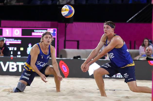 Beach volleyball, Beachvolleyball WORLD CHAMPIONSHIPS, David Ahman & Jonatan Hellvig (SWE) vs Paul Burnett & Thomas Hodges (AUS) during The Beach Volleyball World Championships at Pinky Flat in Adelaide, Friday, November 14, 2025. ( NO ARCHIVING, EDITORIAL USE ONLY ADELAIDE SOUTH AUSTRALIA AUSTRALIA  Copyright: xMATTxTURNERx 20251114189349687843