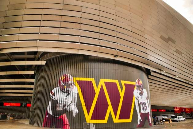 Exterior view of the stadium with nice photo and logo of the Commanders, Miami Dolphins vs Washington Commanders, American Football, National Football League, Season 2025, Week 11, 14.11.2025, Madrid Estadio Bernabeu Spain Copyright: xFootxBowl RobertoxBenitoxHernandx