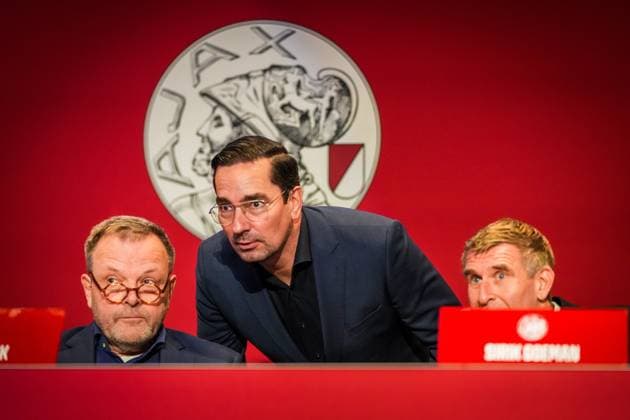 AMSTERDAM , 14-11-2025 , JohanCruyff ArenA , season 2025 2026 , Ajax AVA vergadering 2025 , picture shows Dirk Anbeek (vice-voorzitter RVC Ajax ) , Ajax pressofficer Miel Brinkhuis and Sirik Goeman Ajax AVA vergadering 2025  x32016000x Copyright: