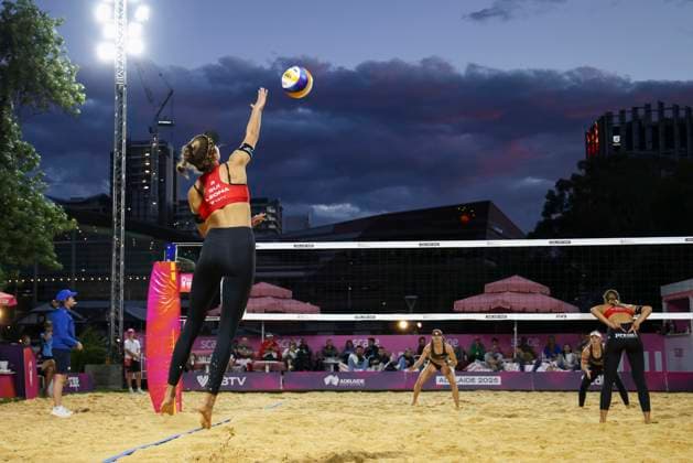 Beach volleyball, Beachvolleyball WORLD CHAMPIONSHIPS, Annique Niederhauser and Leona Kernen (SUI) vs Lea Kunst and Melanie Paul (GER) during The Beach Volleyball World Championships at Pinky Flat in Adelaide, Friday, November 14, 2025. ( NO ARCHIVING, EDITORIAL USE ONLY ADELAIDE SOUTH AUSTRALIA AUSTRALIA  Copyright: xMATTxTURNERx 20251115142695548351