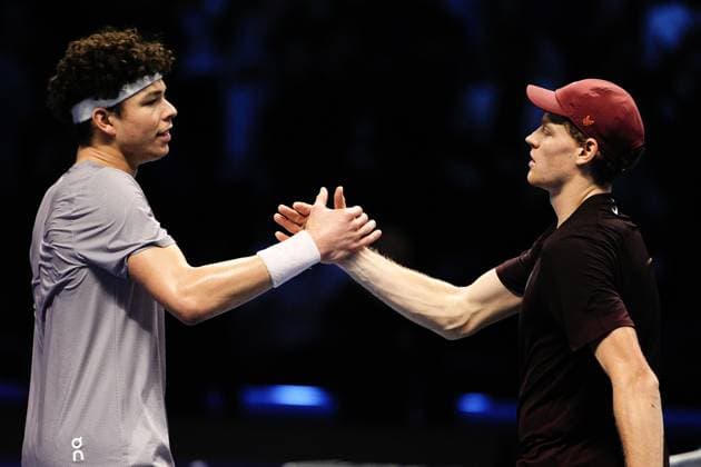 Italy s Jannik Sinner react on the singles tennis match of the ATP, Tennis Herren World Tour Finals agains United States™ Ben Shelton at the Inalpi Arena in Turin, Italy - Friday, Nov. 14, 2025. -  Copyright: xMarcoxAlpozzi LaPressex