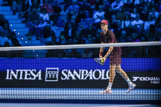 Jannik Sinner of Italy vs Ben Shelton of United States Nitto ATP FINALS 2025 Turin 14 11 2025 Jannik Sinner of Italy seen in actions during Men s Singles Group Stage match against Ben Shelton of United States on day six of the Nitto ATP Finals 2025 at Inalpi Arena in Turin Copyright: xBEAUTIFULxSPORTS Carabellix