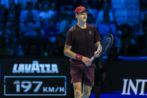 Jannik Sinner of Italy vs Ben Shelton of United States Nitto ATP FINALS 2025 Turin 14 11 2025 Jannik Sinner of Italy celebrates during Men s Singles Group Stage match against Ben Shelton of United States on day six of the Nitto ATP Finals 2025 at Inalpi Arena in Turin Copyright: xBEAUTIFULxSPORTS Carabellix