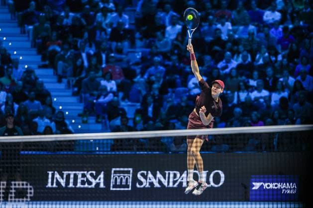 Jannik Sinner of Italy vs Ben Shelton of United States Nitto ATP FINALS 2025 Turin 14 11 2025 Jannik Sinner of Italy seen in actions during Men s Singles Group Stage match against Ben Shelton of United States on day six of the Nitto ATP Finals 2025 at Inalpi Arena in Turin Copyright: xBEAUTIFULxSPORTS Carabellix