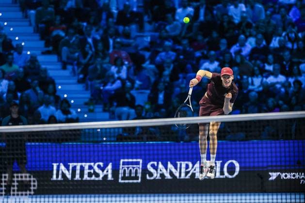 Jannik Sinner of Italy vs Ben Shelton of United States Nitto ATP FINALS 2025 Turin 14 11 2025 Jannik Sinner of Italy seen in actions during Men s Singles Group Stage match against Ben Shelton of United States on day six of the Nitto ATP Finals 2025 at Inalpi Arena in Turin Copyright: xBEAUTIFULxSPORTS Carabellix