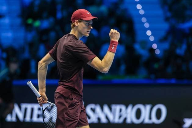 Jannik Sinner of Italy vs Ben Shelton of United States Nitto ATP FINALS 2025 Turin 14 11 2025 Jannik Sinner of Italy celebrates during Men s Singles Group Stage match against Ben Shelton of United States on day six of the Nitto ATP Finals 2025 at Inalpi Arena in Turin Copyright: xBEAUTIFULxSPORTS Carabellix