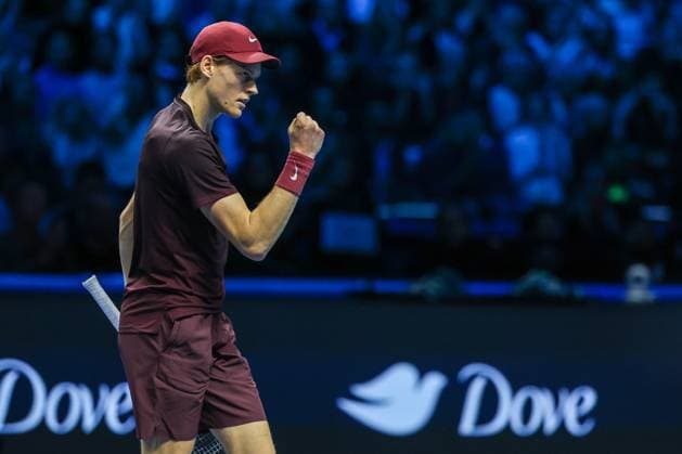 Jannik Sinner of Italy vs Ben Shelton of United States Nitto ATP FINALS 2025 Turin 14 11 2025 Jannik Sinner of Italy celebrates during Men s Singles Group Stage match against Ben Shelton of United States on day six of the Nitto ATP Finals 2025 at Inalpi Arena in Turin Copyright: xBEAUTIFULxSPORTS Carabellix