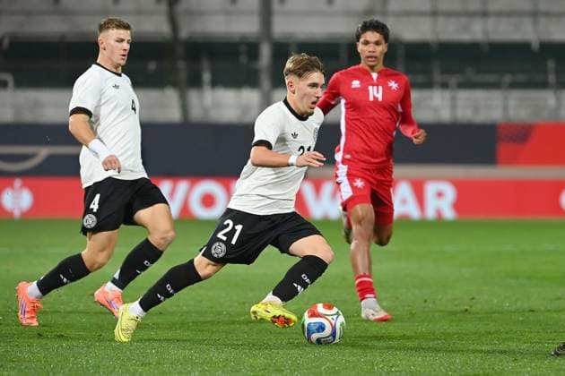 Lennart Karl GER on the ball,action,duel Soccer U 21 Country Match European Championship Qualification, Group Stage , Germany GER Malta MLT on 14 11 2025 Sportpark Ronhof Â