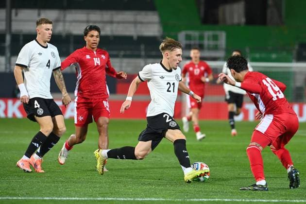 Lennart Karl GER on the ball,action,duel Soccer U 21 Country Match European Championship Qualification, Group Stage , Germany GER Malta MLT on 14 11 2025 Sportpark Ronhof Â