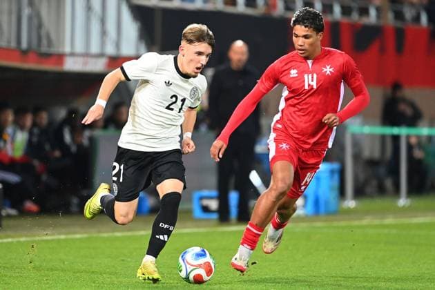 Lennart Karl GER on the ball,action,duel Soccer U 21 Country Match European Championship Qualification, Group Stage , Germany GER Malta MLT on 14 11 2025 Sportpark Ronhof Â