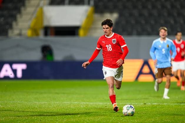 SOCCER - UEFA U21, U 21 EURO quali, AUT vs BEL RIED,AUSTRIA,14.NOV.25 - SOCCER - UEFA European Under-21 Championship 2026, qualifiers, OEFB under-21 international match, Länderspiel, Nationalmannschaft Austria vs Belgium. Image shows Nico Bajlicz (AUT).  GEPAxpictures xChristianxMoser