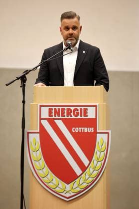 FCE President Sebastian Lemke speaks at the general meeting of FC Energie Cottbus Football 3 League 2025 2026 FC Energie Cottbus Annual General Meeting