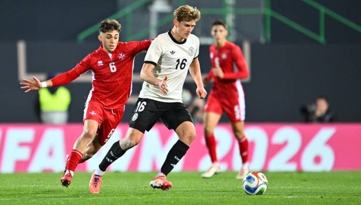 14 11 2025 Soccer international qualifier European Championship Germany GER DEU BRD Malta MLT xwoxzix Andrew Borg 6, Malta Aljoscha Kemlein 16, Germany