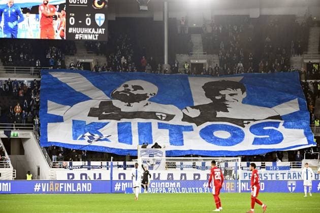 Finland s fans display a banner of Teemu Pukki (L) and Rasmus Schuller during the FIFA World Cup, WM, Weltmeisterschaft, Fussball 2026 Group G European qualification football match between Finland and Malta in Helsinki, Finland, on November 14, 2025. Helsinki Finland LKFTJK20251114190406DJQM  Copyright: xHeikkixSaukkomaax LKFTJK20251114190406DJQM