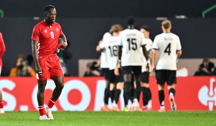 14 11 2025 Soccer international qualifier European Championship Germany GER DEU BRD Malta MLT xwoxzix Basil Tuma 9, Malta disappointed disappointment behind goal jubilation joy after scoring goal shot for 2 0 by Lennart Karl 21, Germany
