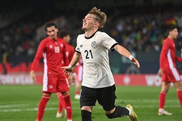 Goal celebration Lennart Karl GER after scoring 2 0,Action,Cheering,Joy,Enthusiasm, Soccer U 21 Laenderspiel EM Qualifikation, Gruppenphase , Germany GER Malta MLT am 14 11 2025 Sportpark Ronhof Â