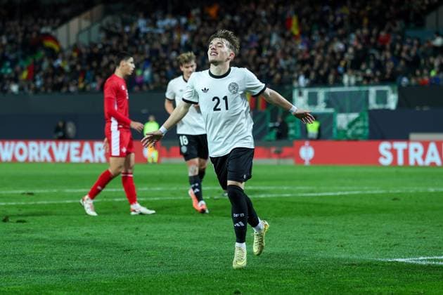 Soccer Men U21 Men European Championship Qualification Germany Malta on 14 11 2025 at Sportpark Ronhof in Fürth Goal celebration to 2 0 by Lennart Karl Germany DFB regulations prohibit any use of photographs as image sequences and or quasi video xMSx