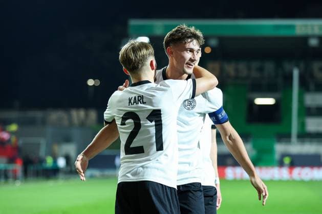 Soccer Men U21 Men European Championship Qualification Germany Malta on 14 11 2025 at Sportpark Ronhof in Fürth Goal celebration to 2 0 by Lennart Karl Germany DFB regulations prohibit any use of photographs as image sequences and or quasi video xMSx