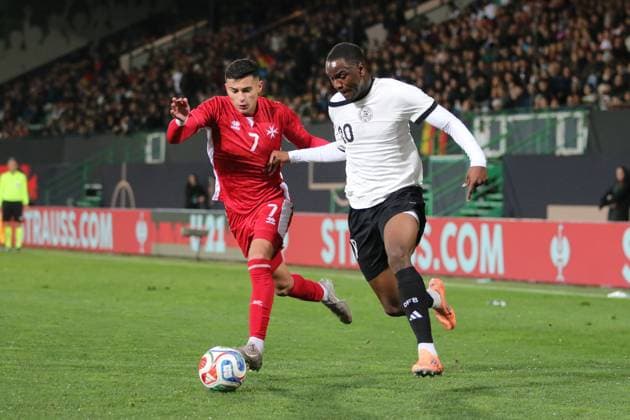 14 11 2025 Football Men U21 2025 2026 European Championship Qualification 6 Matchday Germany Malta Sportpark Ronhof I Thomas Sommer Fürth Ilyas Ansah D, right in duel with Shaisen Attard M, 7 Fürth Bayern Germany