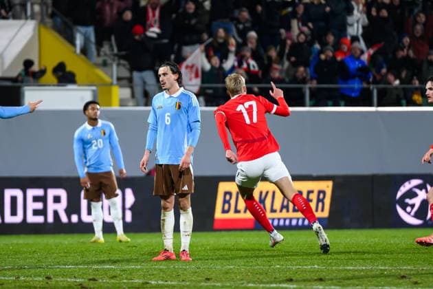 SOCCER - UEFA U21, U 21 EURO quali, AUT vs BEL RIED,AUSTRIA,14.NOV.25 - SOCCER - UEFA European Under-21 Championship 2026, qualifiers, OEFB under-21 international match, Länderspiel, Nationalmannschaft Austria vs Belgium. Image shows the rejoicing of Erik Kojzek (AUT).  GEPAxpictures xChristianxMoser