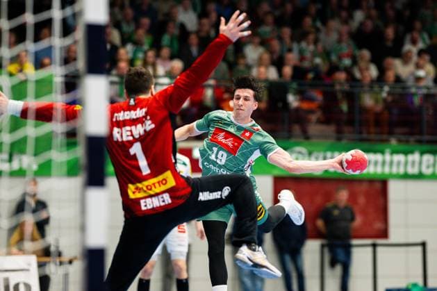 14 11 2025 Handball, 2025 2026, 1 Bundesliga, Matchday 12, GWD Minden SC DHfK Leipzig L R Domenico Ebner Leipzig , Jakub Sterba Minden