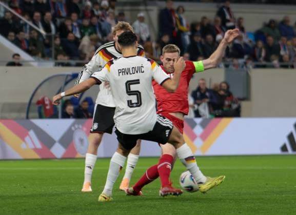 14 11 2025, xhettx, Football World Cup Qualification 2026, Luxembourg Germany v l Laurent Jans Luxembourg, 18 v Aleksandar PavloviÄ‡ Germany, 5 DFL DFB REGULATIONS PROHIBIT ANY USE OF PHOTOGRAPHS as IMAGE SEQUENCES and or QUASI VIDEO Luxembourg