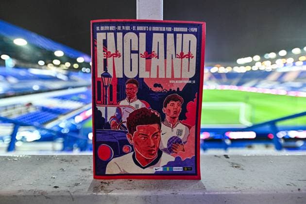 14th November 2025; St Andrews, Birmingham, Midlands, England; UEFA European Under 21 Championship Qualifying, England versus Republic of Ireland; Today s match programme in the stands with the pitch and stands in the background  GodfreyxPitt
