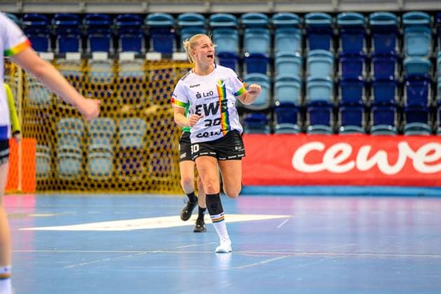 Handball Women EHF European League Women Qualification Round 3 Season 2025 2026 VfL Oldenburg vs HC Dalmatinka Ploce 14 11 2025 Behrend, Jenny 30, VfL Oldenburg Jubilation, joy
