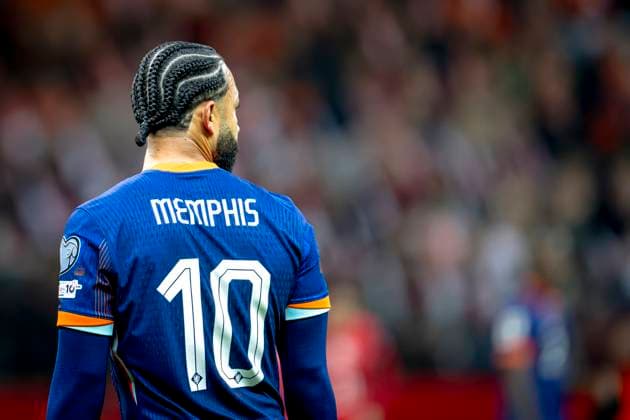 Netherlands forwarder Memphis Depay during the match FOOTBALL EUROPEAN QUALIFIERS POLAND NETHERLANDS at the PGE Narodowy National Stadium for the FIFA World Cup 2026 UEFA Qualifiers Group G Matchday 9 season 2025 2026 in WARSAW, Poland on 14 november 2025, photo by Stefan Koops EYE4images DeFodi Images