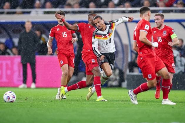 14 11 2025, Football, International match, World Cup Qualification Europe, Germany Luxembourg, Stade de Luxembourg Croix de Gasperich, Luxembourg , 9 Matchday, Season 2025 2026 Leroy Sane GER 19 is closed by the defense Regulations prohibit any use of photographs as image sequences and or quasi video Luxembourg