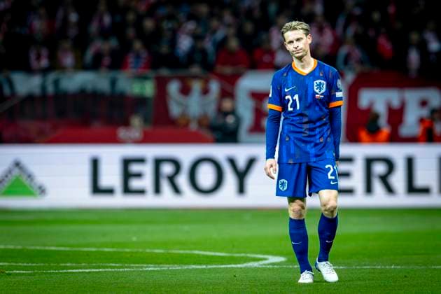 Netherlands midfielder Frenkie de Jong during the match FOOTBALL EUROPEAN QUALIFIERS POLAND NETHERLANDS at the PGE Narodowy National Stadium for the FIFA World Cup 2026 UEFA Qualifiers Group G Matchday 9 season 2025 2026 in WARSAW, Poland on 14 november 2025, photo by Stefan Koops EYE4images DeFodi Images