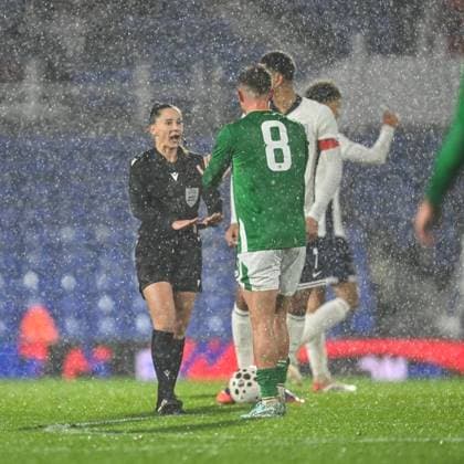 14th November 2025; St Andrews, Birmingham, Midlands, England; UEFA European Under 21 Championship Qualifying, England versus Republic of Ireland; Juliana Elena Demetrescu gives Alex Murphy of Ireland U21, U 21 a talking to  GodfreyxPitt