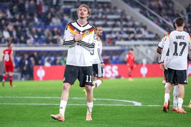 14 11 2025, Football, International match, World Cup Qualification Europe, Germany Luxembourg, Stade de Luxembourg Croix de Gasperich, Luxembourg , 9 Matchday, Season 2025 2026 Goal celebration after the goal to 1 0 by scorer Nick Woltemade GER 11 Regulations prohibit any use of photographs as image sequences and or quasi video Luxembourg
