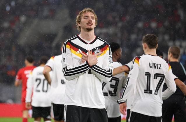 14 11 2025, Football, Men, Qualification, European Qualifiers, Luxembourg Germany, Nick Woltemade Germany celebrates his goal for 0 1 Luxembourg Luxembourg Stade de Luxembourg Luxembourg Luxembourg LUX Copyright: xFabianxKleerx