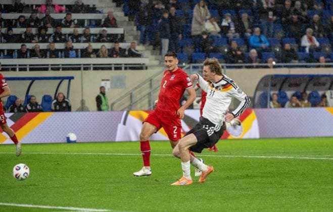 Soccer, Men, Season 2025 26, World Cup Qualification Group A, Matchday 9 , Luxembourg Germany, v l Seid Korac Luxembourg , Nick Woltemade Germany scores the goal for 1 0, 14 11 2025, Copyright: xMatthiasxKochx