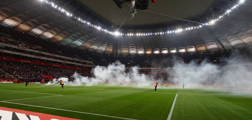 WARSCHAU , 14-11-2025 , PGE National Stadium, season 2025 2026 , FIFA World Cup, WM, Weltmeisterschaft, Fussball Qualifier between Poland and The Netherlands. Pictures shows firework on the pitch Poland - Netherlands  x32022063x Copyright:
