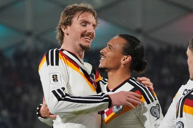 celebrate the goal, goal celebration to 0 2 Nick Woltemade Germany Germany with Leroy Sane Germany Germany Luxembourg 14 11 2025 Luxembourg vs Germany, World Cup Qualification