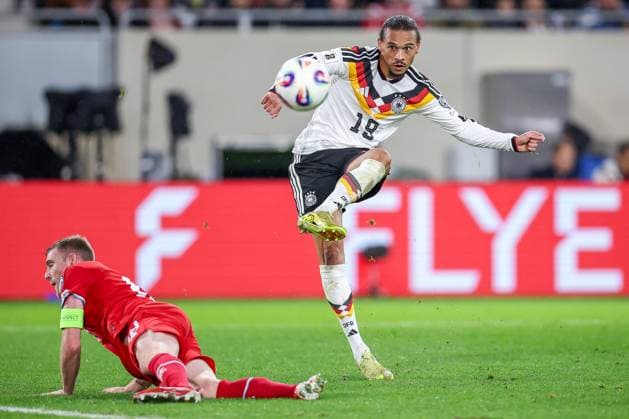 14 11 2025, Football, International match, World Cup Qualification Europe, Germany Luxembourg, Stade de Luxembourg Croix de Gasperich, Luxembourg , 9 Matchday, Season 2025 2026 Leroy Sane GER 19 shoots on goal past Laurent Jans LUX 18 Regulations prohibit any use of photographs as image sequences and or quasi video Luxembourg