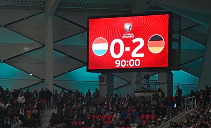 14 11 2025, Soccer World Cup Qualification Europe 2025 26, Matchday 9, Luxembourg Germany, at Stade de Luxembourg Croix de Gasperich, Luxembourg , after 90 minutes the score is 0 2