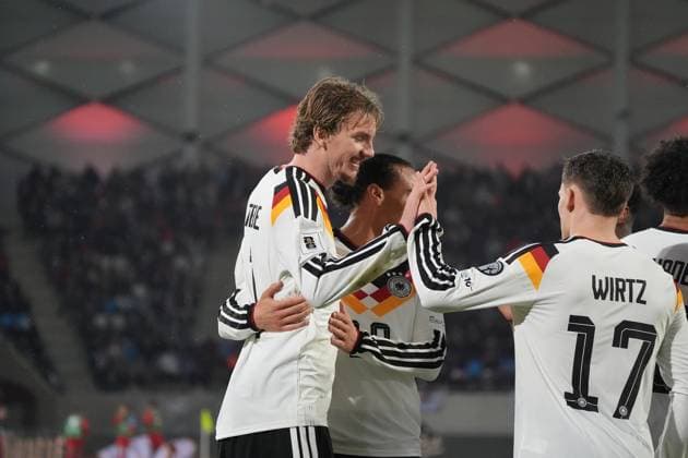 celebrate the goal, goal celebration to 0 2 Nick Woltemade Germany Germany with Leroy Sane Germany Germany , Florian Wirtz Germany Germany Luxembourg 14 11 2025 Luxembourg vs Germany, World Cup Qualification