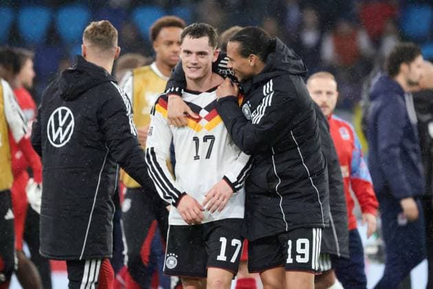14 11 2025, xhettx, Football World Cup Qualification 2026, Luxembourg Germany v l Florian Wirtz Germany, 17 and Leroy SanÃ Germany, 19 after the match DFL DFB REGULATIONS PROHIBIT ANY USE OF PHOTOGRAPHS as IMAGE SEQUENCES and or QUASI VIDEO Luxembourg