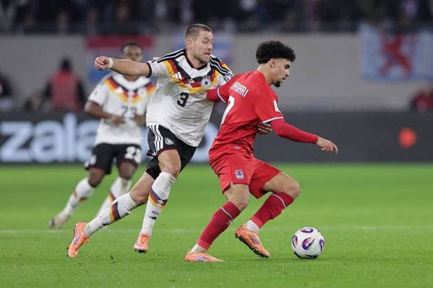 Aiman Dardari Luxembourg 7 in duel with Waldemar Anton Germany 3 Football, UEFA World Cup Qualifiers 2026, Season 2025 2026, Group A, European Qualifiers 14 11 2025 Luxembourg Germany Luxembourg vs Germany Stade de Luxembourg, Luxembourg