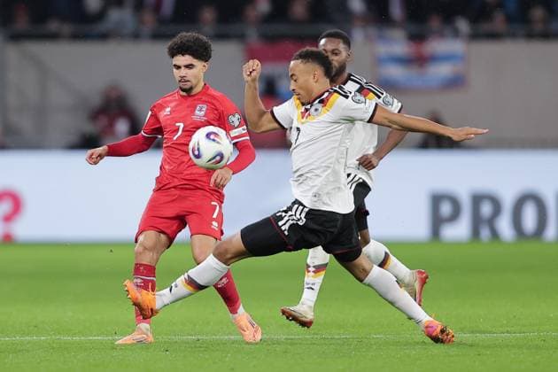 Aiman Dardari Luxembourg 7 in duel with Jamie Leweling Germany 7 Football, UEFA World Cup Qualifiers 2026, Season 2025 2026, Group A, European Qualifiers 14 11 2025 Luxembourg Germany Luxembourg vs Germany Stade de Luxembourg, Luxembourg