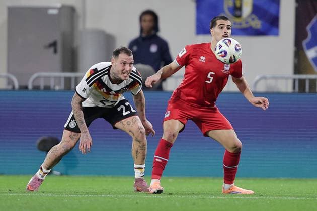 Alessio Curci Luxembourg 5 in duel with David Raum Germany 22 Football, UEFA World Cup Qualifiers 2026, Season 2025 2026, Group A, European Qualifiers 14 11 2025 Luxembourg Germany Luxembourg vs Germany Stade de Luxembourg, Luxembourg